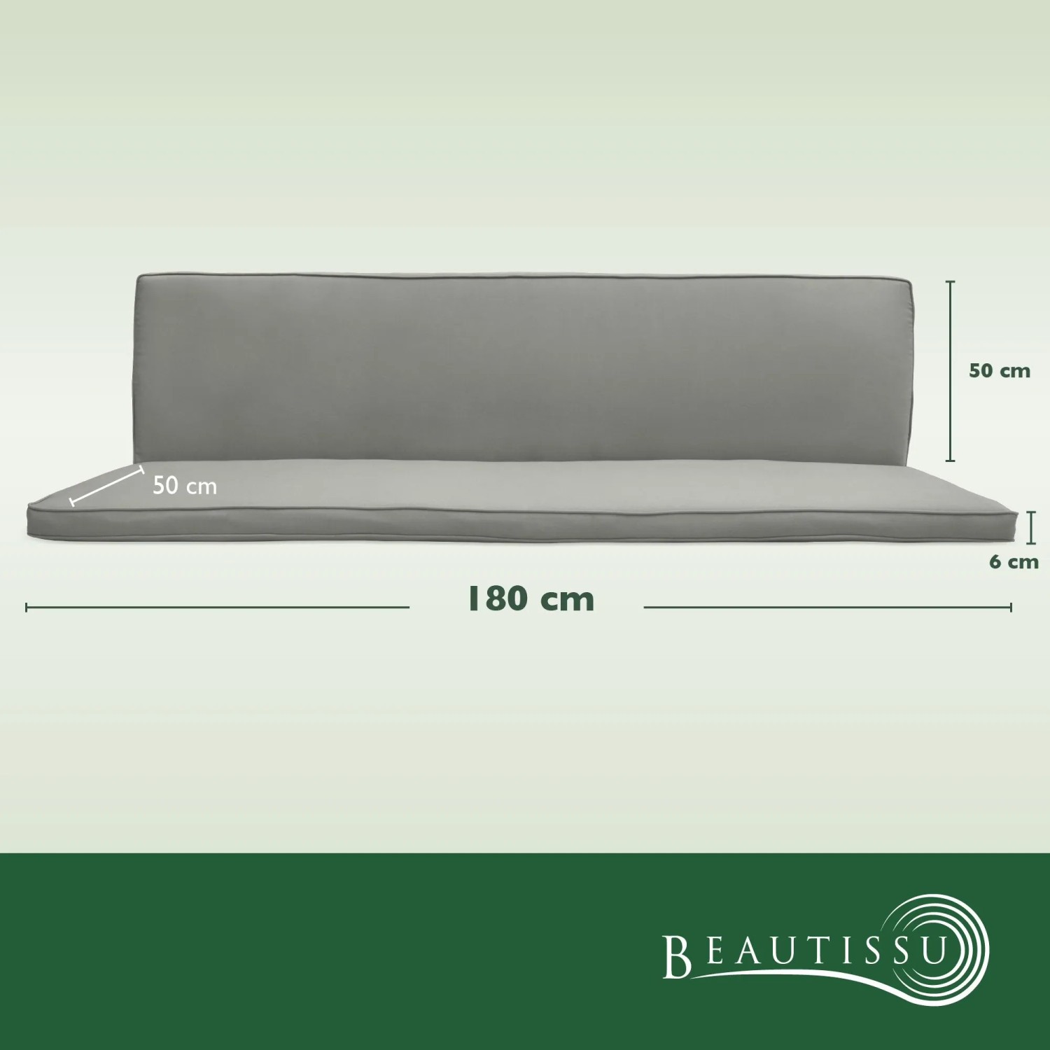 Zwei hellgraue Beautissu Hollywoodschaukelauflagen, 180x50x6 cm, als Sitz- und Rückenpolster für 3-Sitzer.