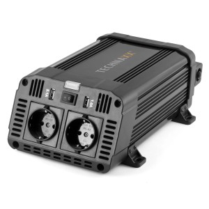 Schwarzer Technaxx Wechselrichter 1200W TE16 für Autoelektrik mit USB- und Steckdosen.