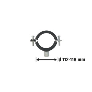 Verzinkte Schraubrohrschelle (112-118mm) mit M8/M10 Gewinde für Schallschutzrohre.