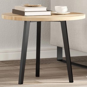 Runde Tischplatte aus hellem Akazien Massivholz, Ø50 cm, als Beistelltisch gezeigt. Vielseitig für Möbelbauplatten.
