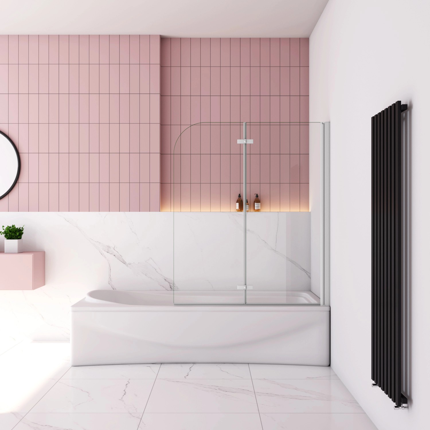 Weißer Badewannenaufsatz AICA, 90x140cm, 2-teilig, Faltwand aus ESG-Sicherheitsglas. Badewanne und Deko nicht enthalten.