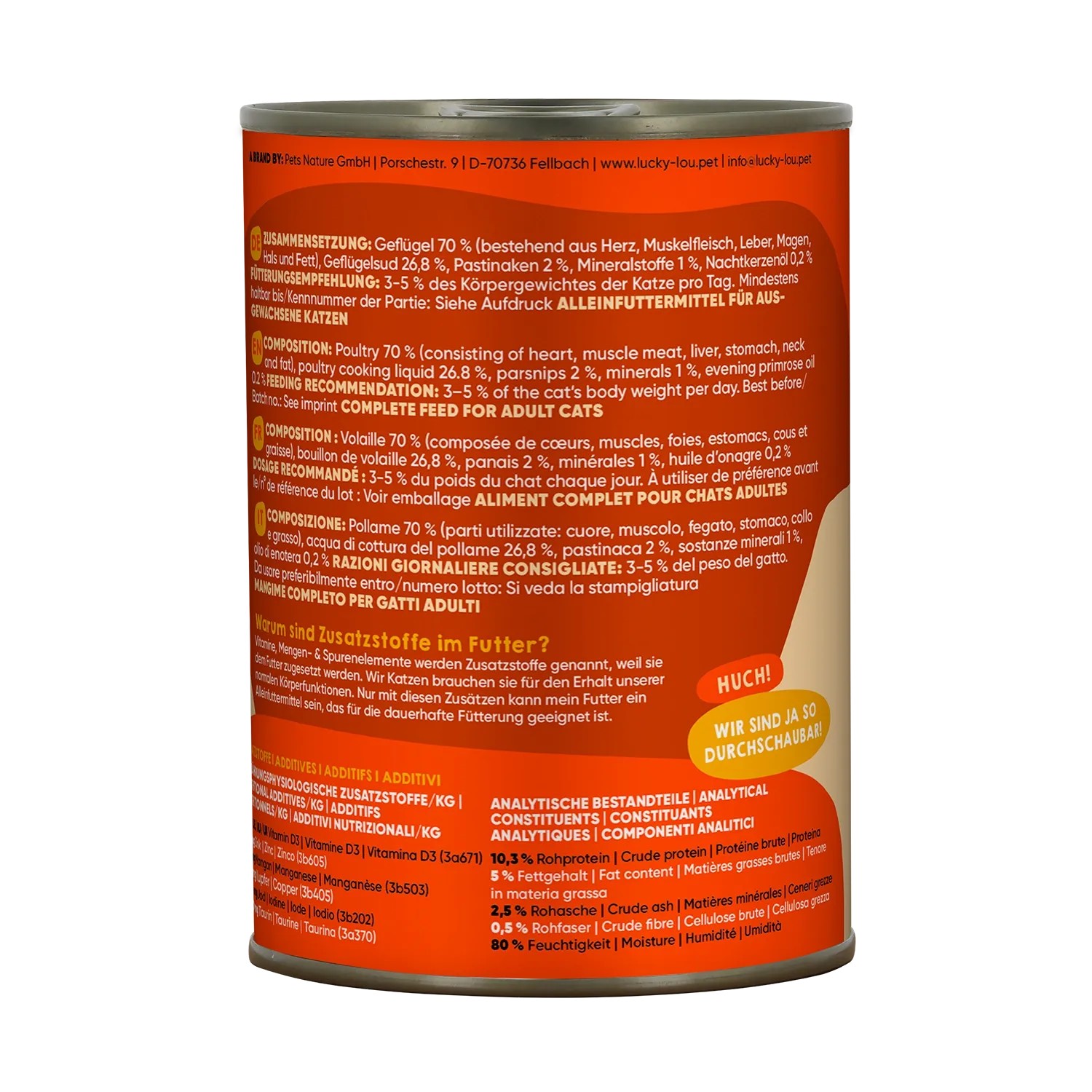 Lucky Lou Katzen-Nassfutter Adult Geflügel, 400g Dose. Alleinfutter für erwachsene Katzen.