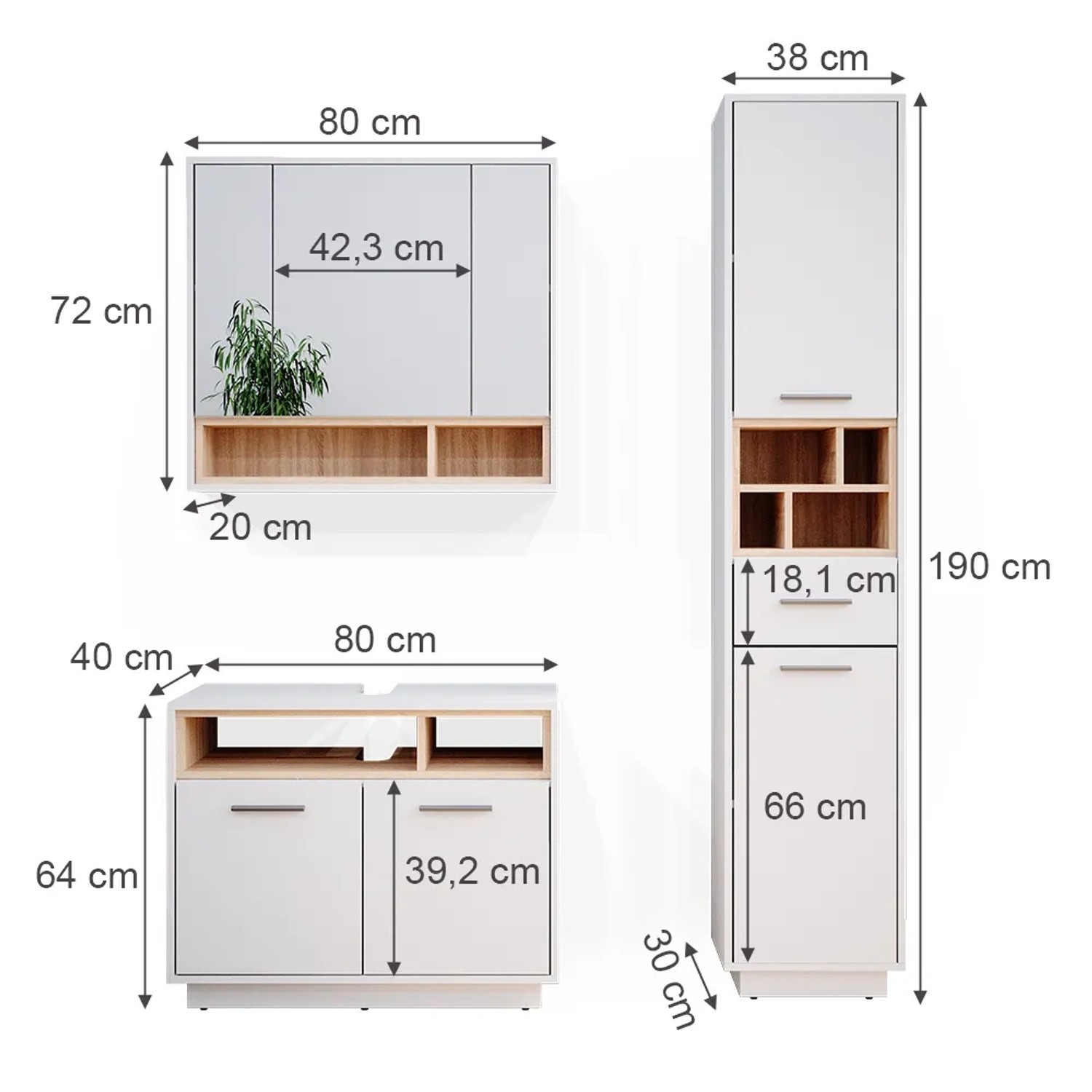 Vicco Badmöbel-Set Beatrice, 3-teilig in Weiß/Sonoma mit Maßen für Spiegelschrank, Unterschrank und Hochschrank.