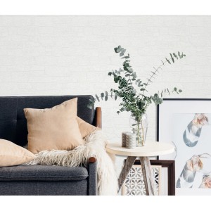 Wohnraum mit Erismann Vliestapete Imitations 2 Stein Weiß, Steinoptik.