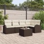 Braunes vidaXL Garten-Sofa-Set aus Poly Rattan mit weißen Kissen und Tisch für 5 Personen.
