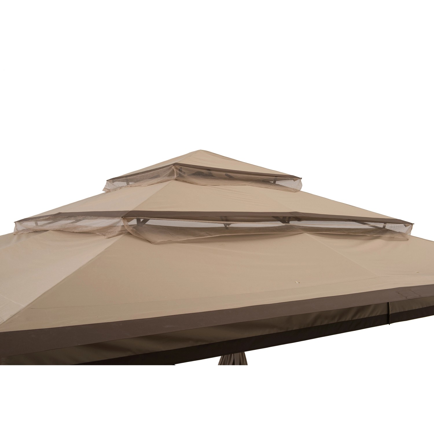 Detailansicht des braunen Sunjoy Gazebo Ropi Pavillons (395x395 cm) mit dreistufigem Dach.
