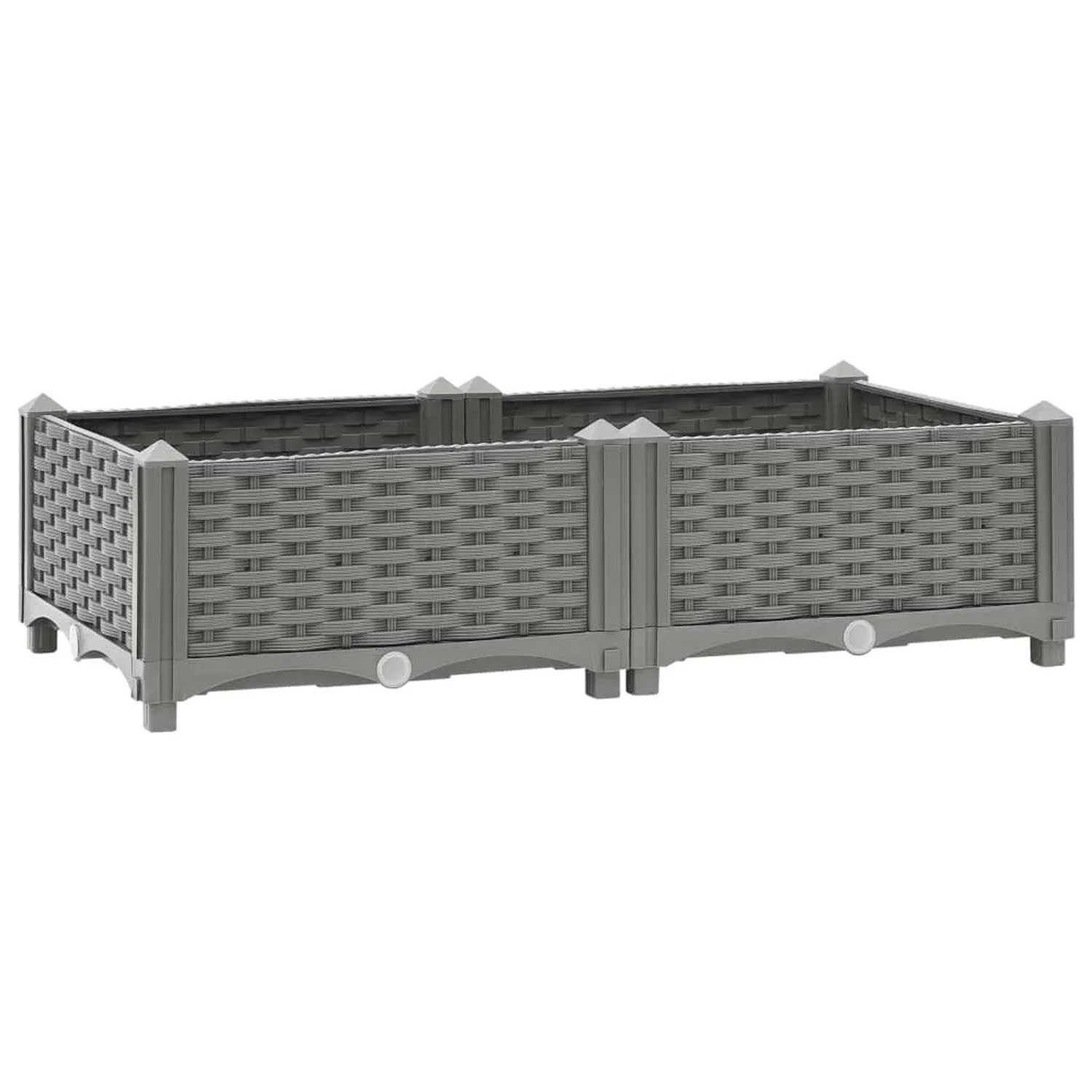 Hellgraues vidaXL Hochbeet (80x40x23 cm) in Rattan-Optik aus Polypropylen.