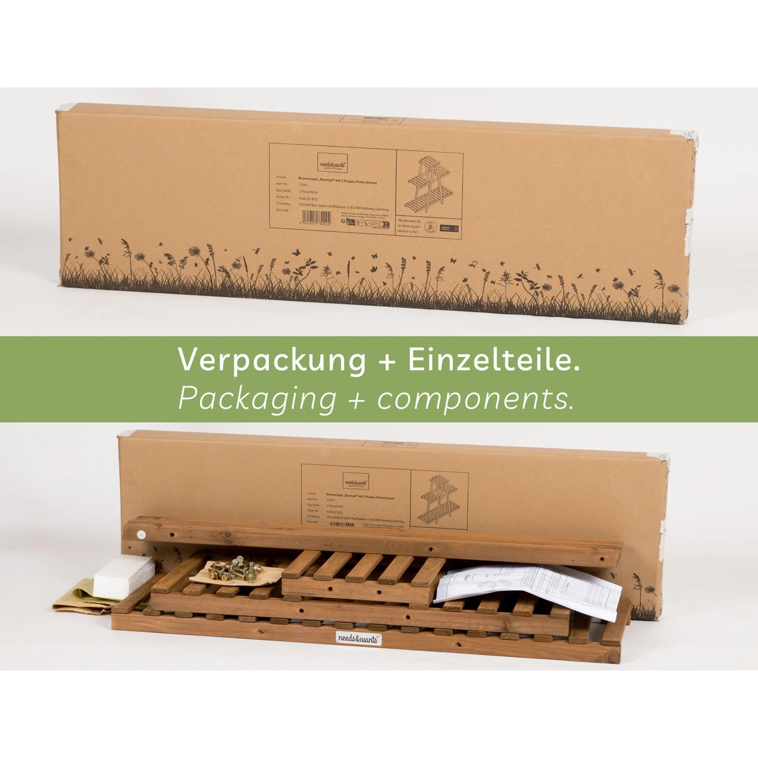 Verpackung und Einzelteile des needs&wants Pflanzenregals Bloomy2 aus braun lasiertem Holz.
