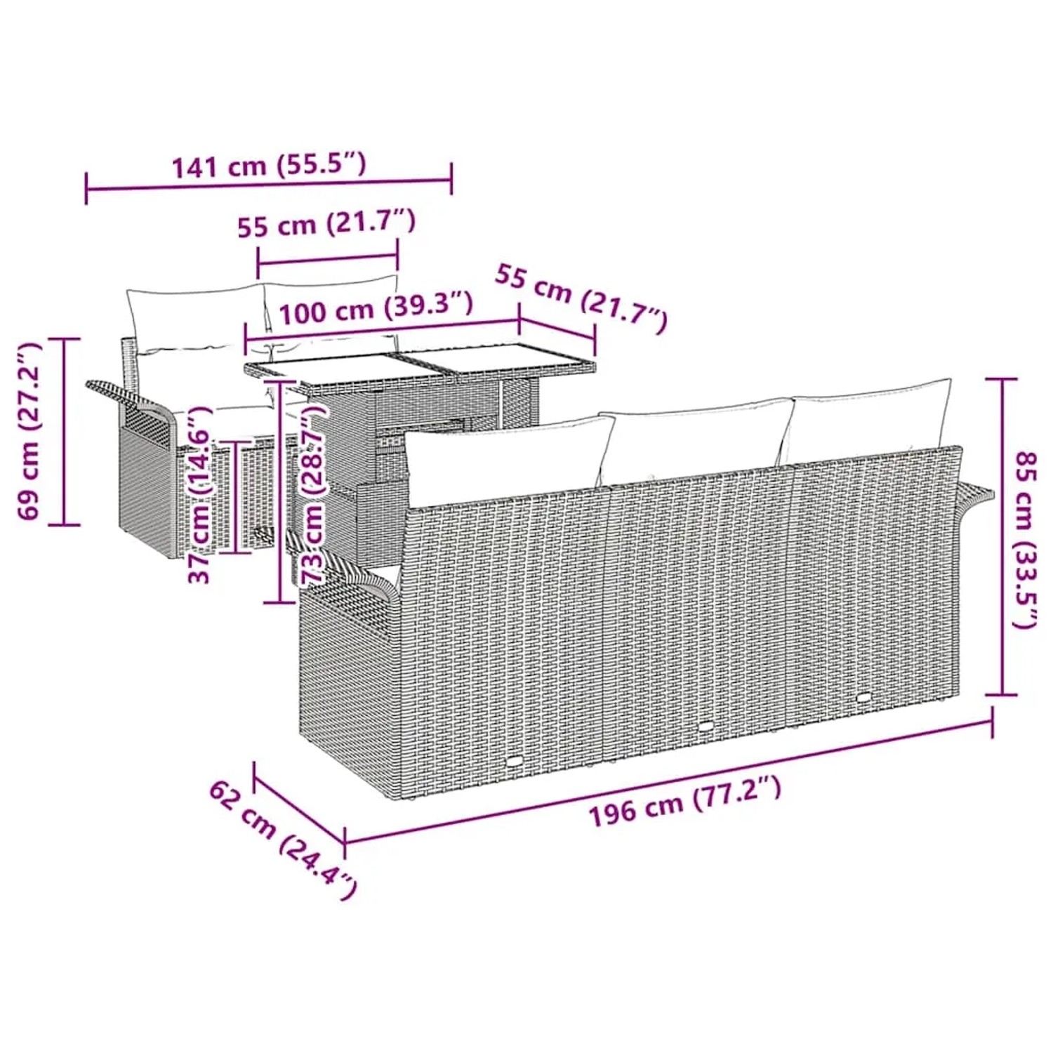 vidaXL Garten-Sofa-Set, 6-teilig, hellgraues Poly Rattan, mit Maßangaben.