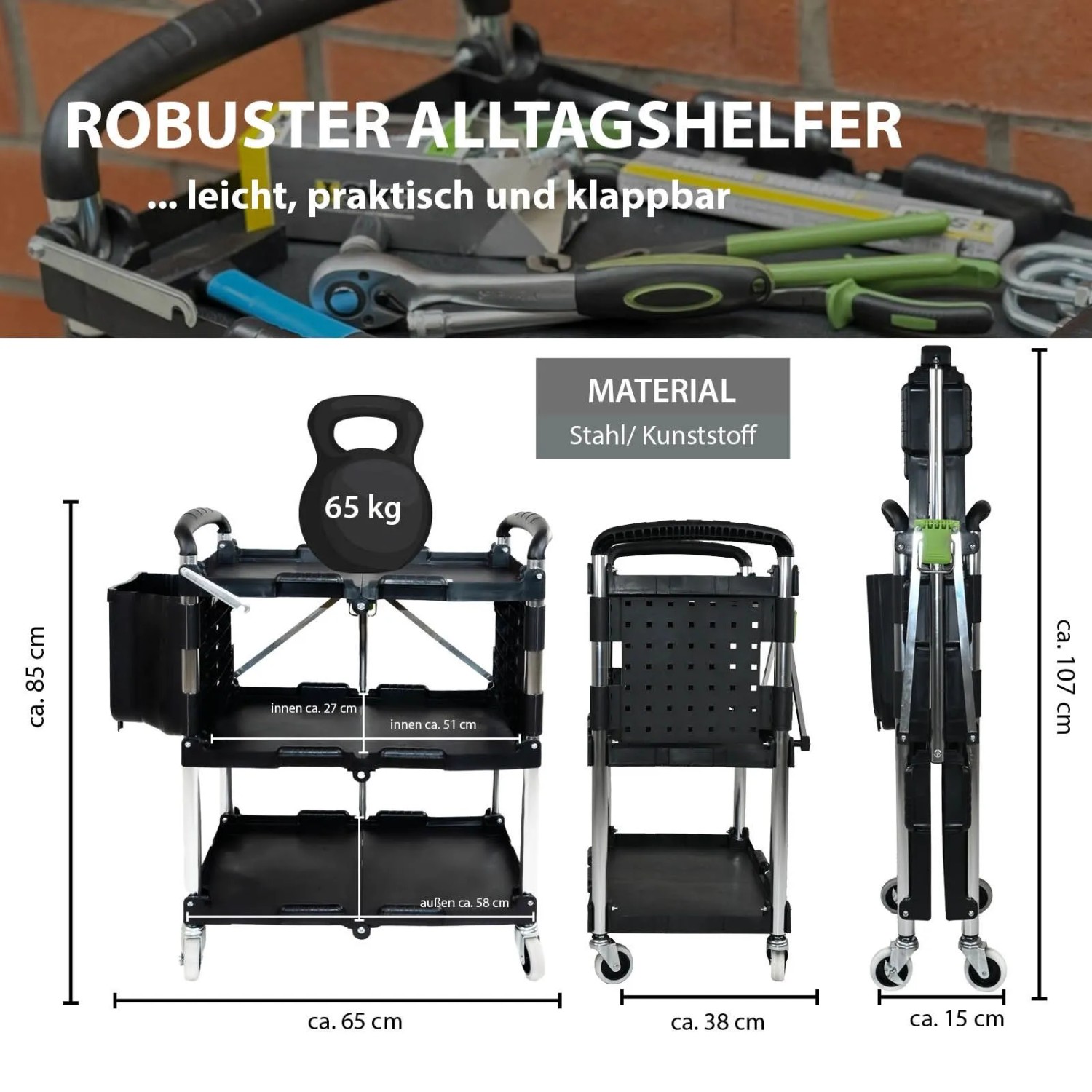 TRUTZHOLM Montagewagen, klappbar, mit Seitentasche, verschiedene Ansichten und Maße.