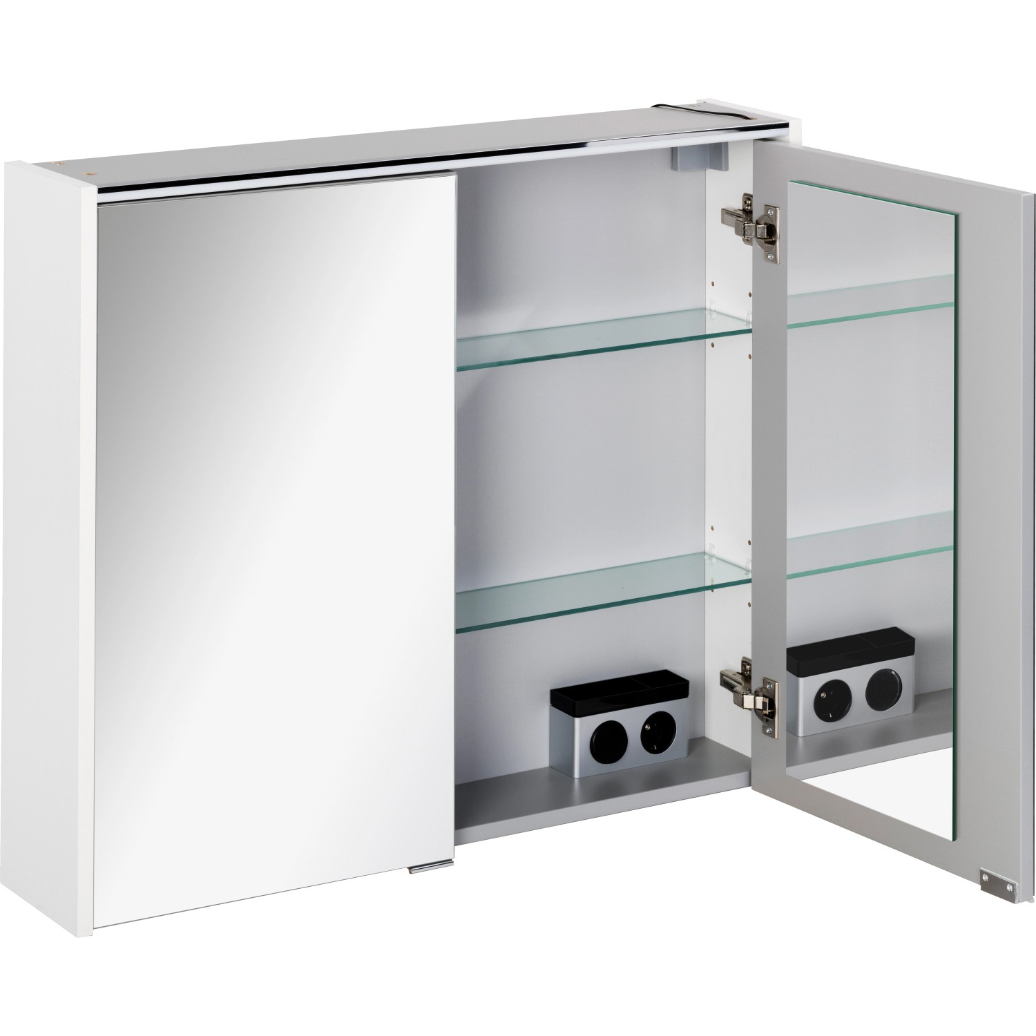 Fackelmann Spiegelschrank Denver, 80 cm, weiß, mit offenen Türen und Glasböden.