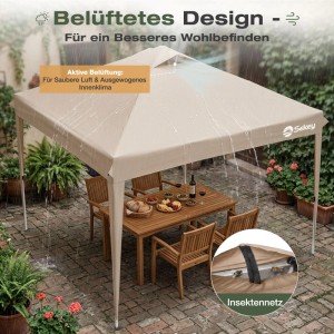 Beiger Sekey Faltpavillon 3x3m, wasserdicht, mit Belüftung, UV-Schutz & Insektennetz. Schützt vor Regen im Garten.