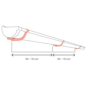 Inefa PVC Halbrund Dachrinne mit Halterungen, zeigt empfohlenen Montageabstand von 50-70 cm für Dachentwässerung.