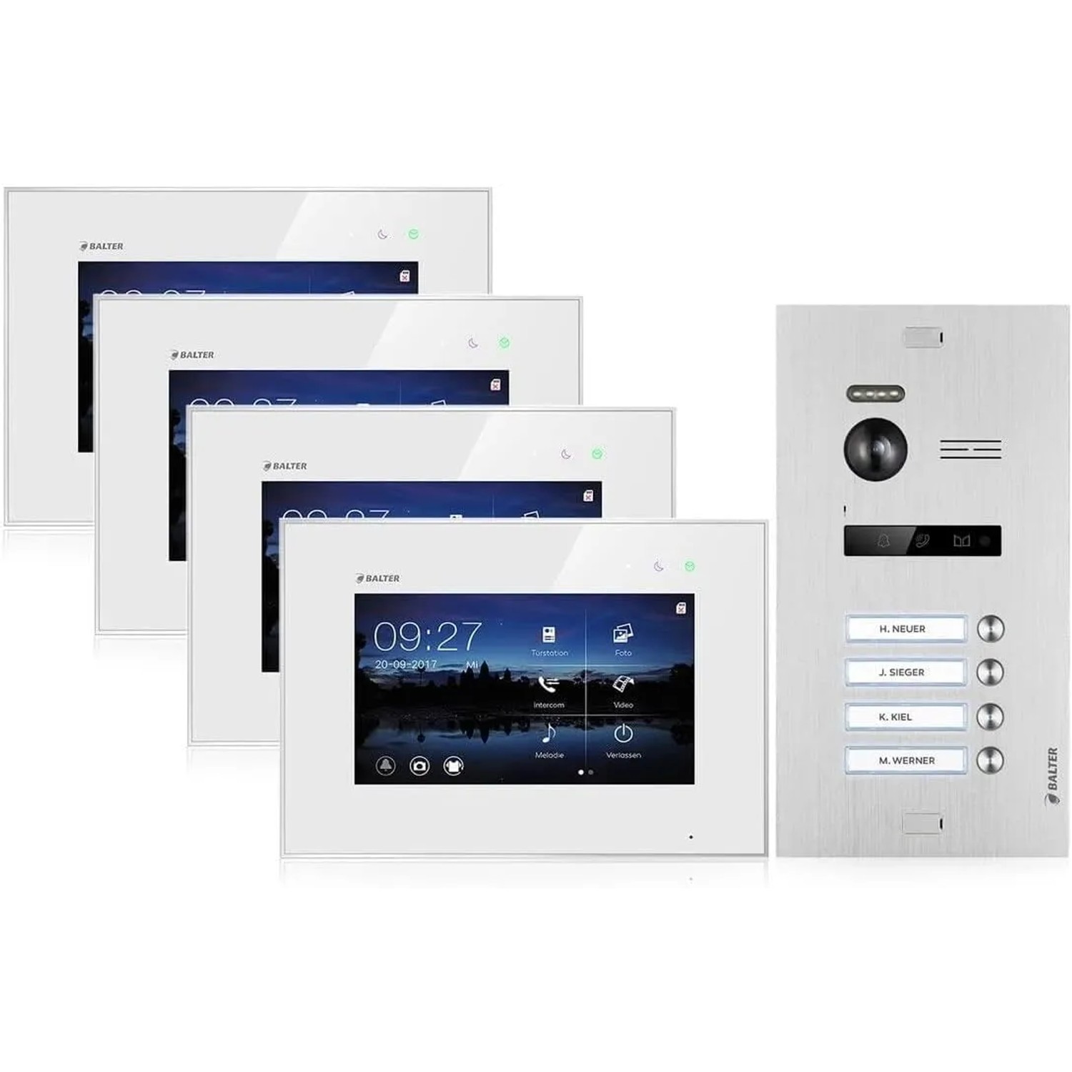 Balter Evo Video-Türsprechanlage Für Vierfamilienhaus Mit 4x 7 Zoll Monitor Silber-Weiß