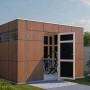 Modernes Bertilo Gartenhaus HPL 2 Italian Walnut mit geöffneter Tür und Fahrrad im Inneren.