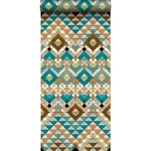ESTAhome Vliestapete mit Aztek-Muster in Türkis, Beige und Meeresgrün. Dekorative Tapete mit geometrischem Design.