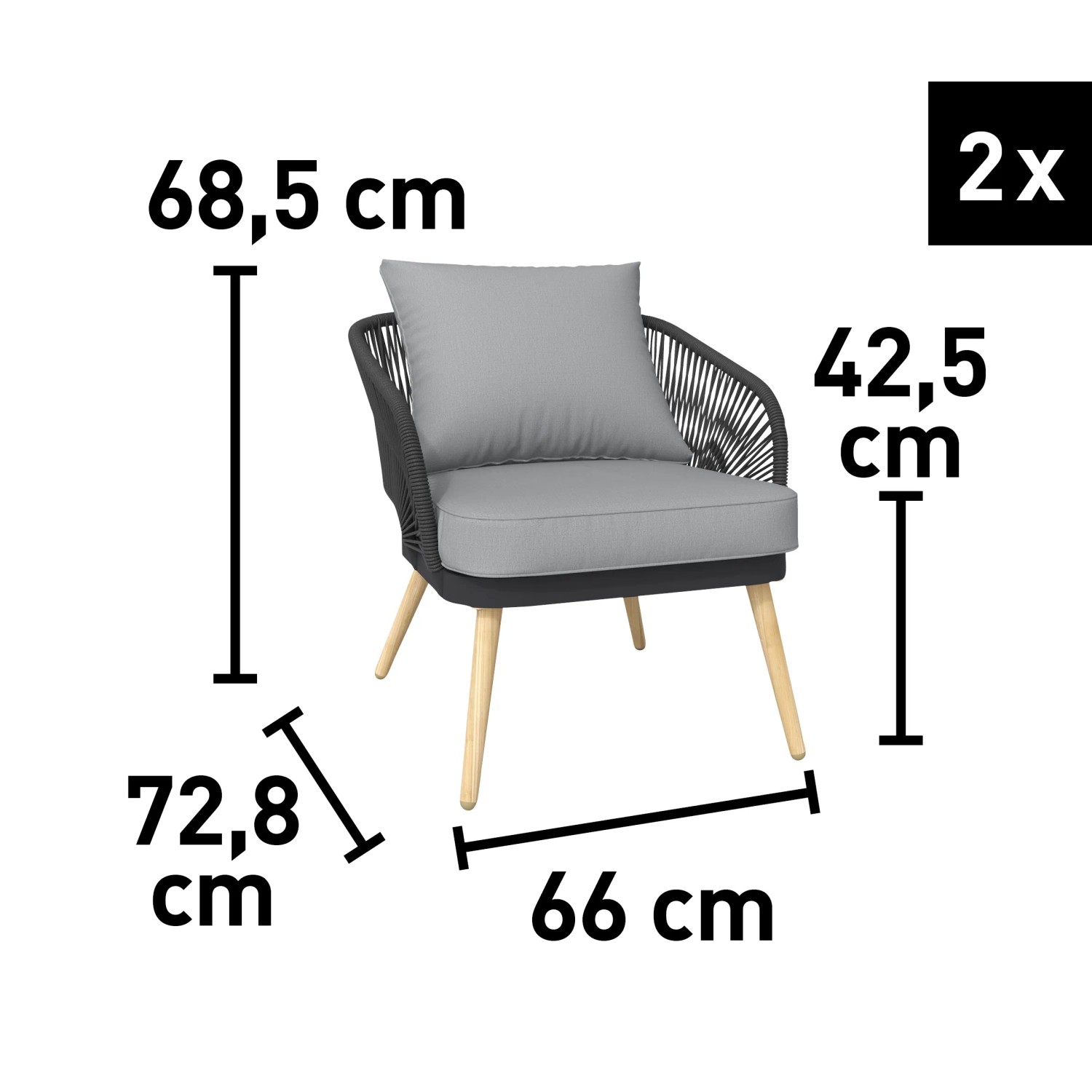 Abbildung von 2 Lounge-Sesseln Edna, Teil des 4-tlg. Sets, mit Seilbespannung, Maße eingezeichnet.