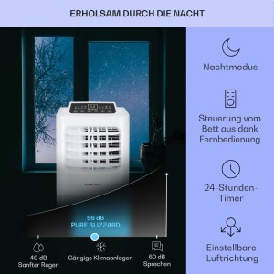Weiße Klarstein Pure Blizzard Klimaanlage im Schlafzimmer mit Nachtmodus. 3-in-1 Klimagerät.