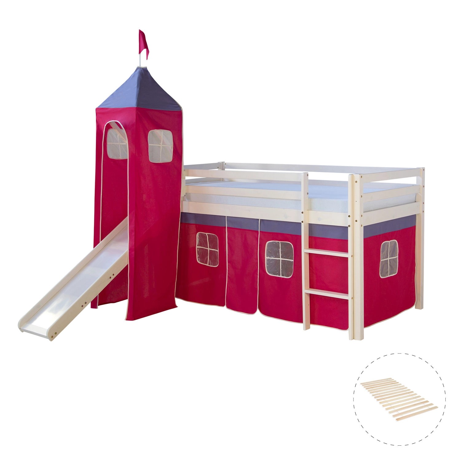 Homestyle4u Hochbett 90x200 mit Vorhang Lattenrost Rutsche und Turm in Weiß günstig online kaufen