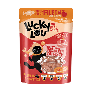 Lucky Lou Katzen-Nassfutter Thunfisch Apfel in Broth, 70g Packung.