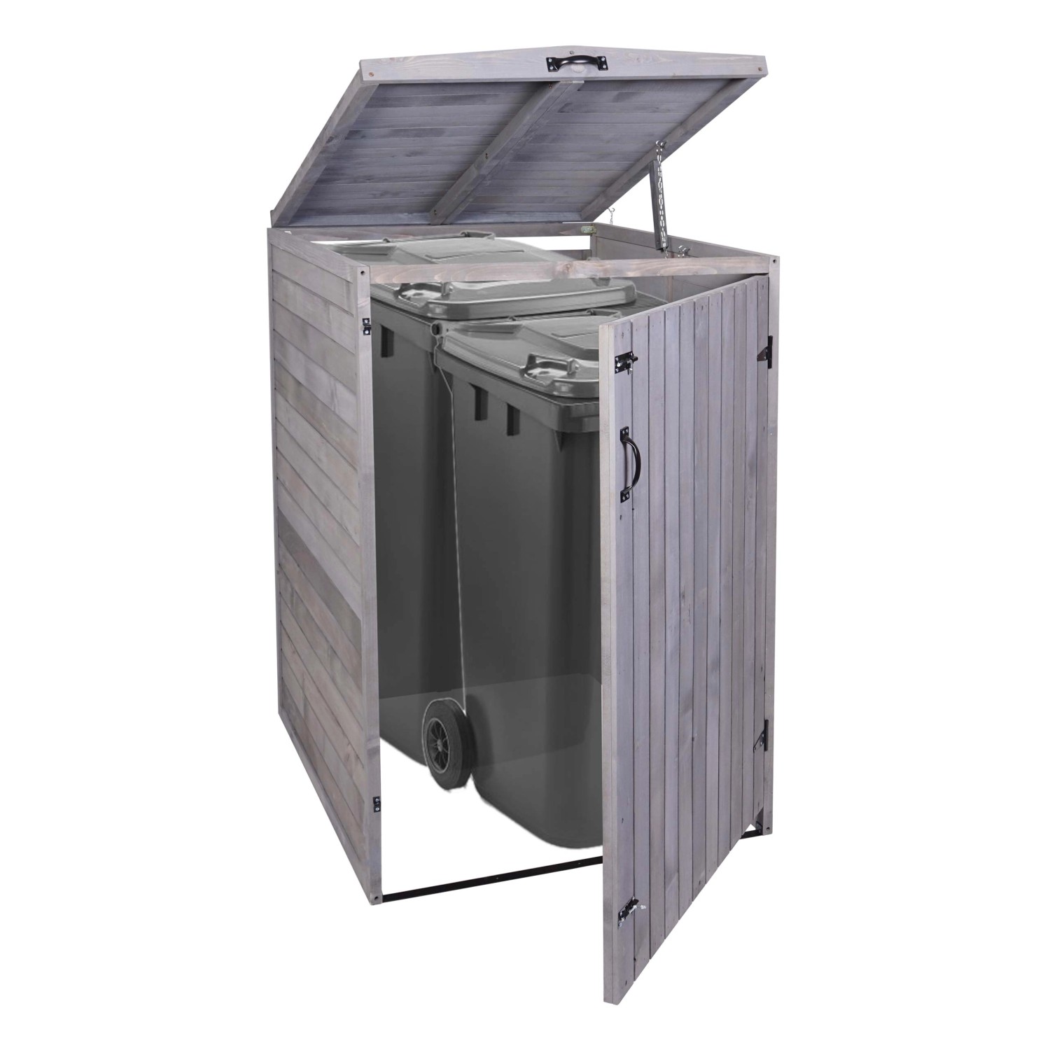 Anthrazit-graue MCW Mülltonnenbox H74 für 1-2 Tonnen, Holz, mit geöffnetem Deckel und Tür.