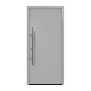 Moderne, weißaluminiumfarbene EcoStar Haustür Isopro Secur mit Edelstahlgriff.