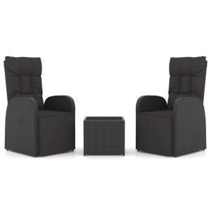 vidaXL 3-tlg. Garten Lounge Set aus Rattan und Stahl, schwarz. Gartenmöbel mit Tisch und Sesseln.