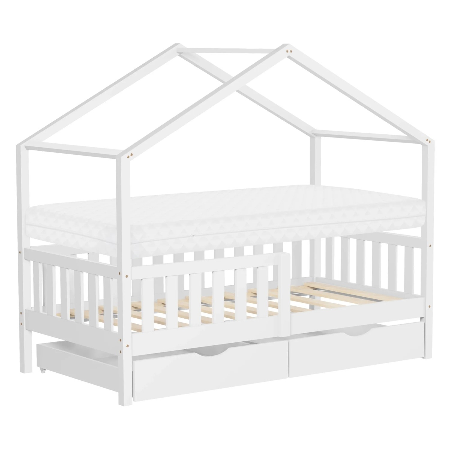 ML-Design Hausbett mit Matratze 80x160 cm & 2 Schubladen Weiß Kiefer