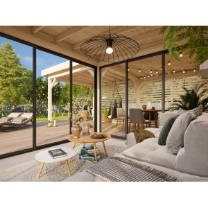 Palmako Pavillon Lenna Set 411, 588x588 cm, weiß lackiert, mit Schiebetüren und Sichtschutz.