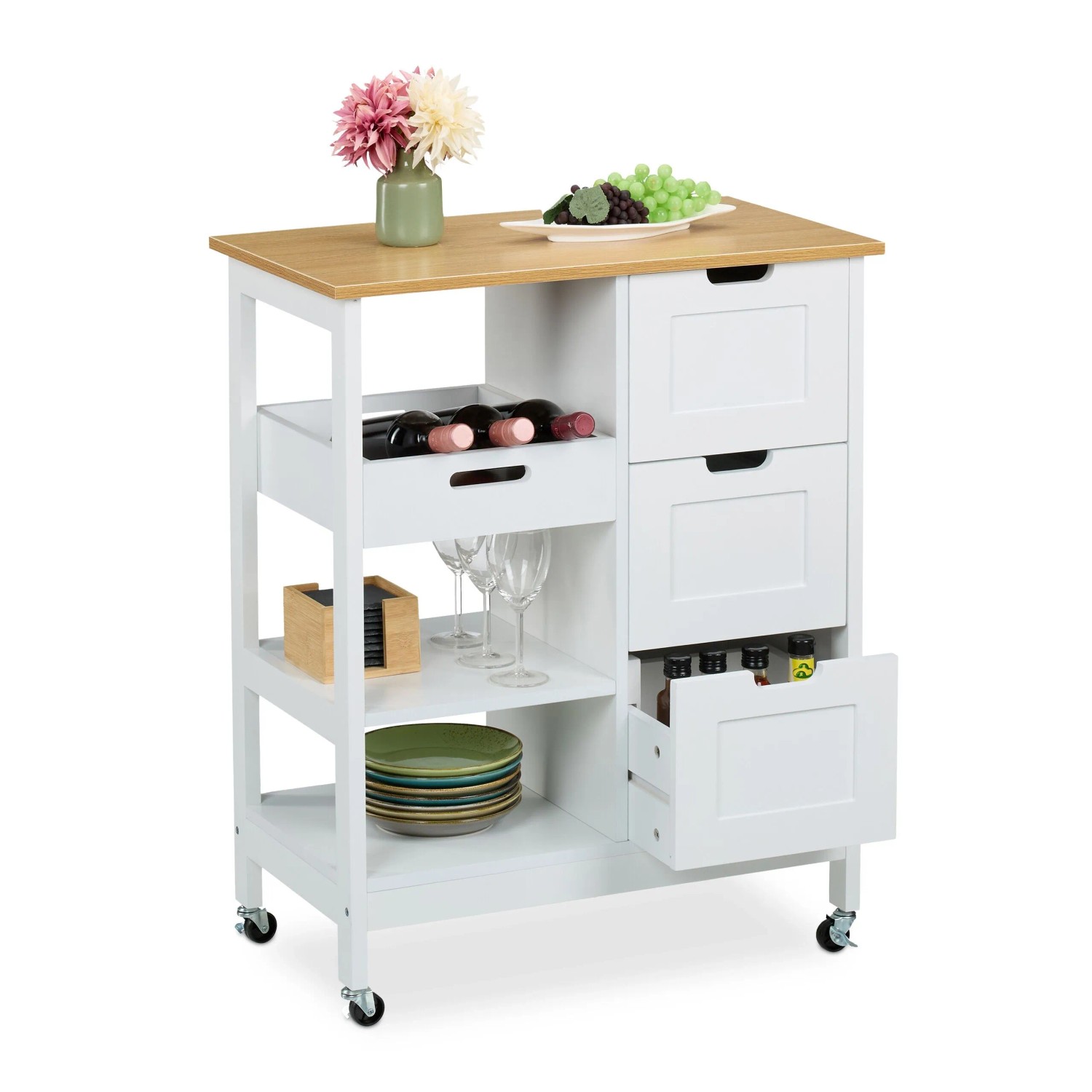 Relaxdays Küchenwagen Holzwerkstoff Weiß mit Arbeitsplatte Rollbar 85 cm x 68,5 cm x 38,5 cm 21 kg