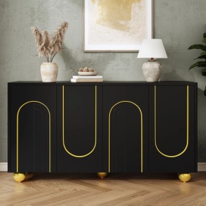 Schwarzes Sideboard mit 4 Türen, eleganten Goldbogen-Details und goldenen Kugelfüßen. Moderner Wohnzimmerschrank mit Stauraum.
