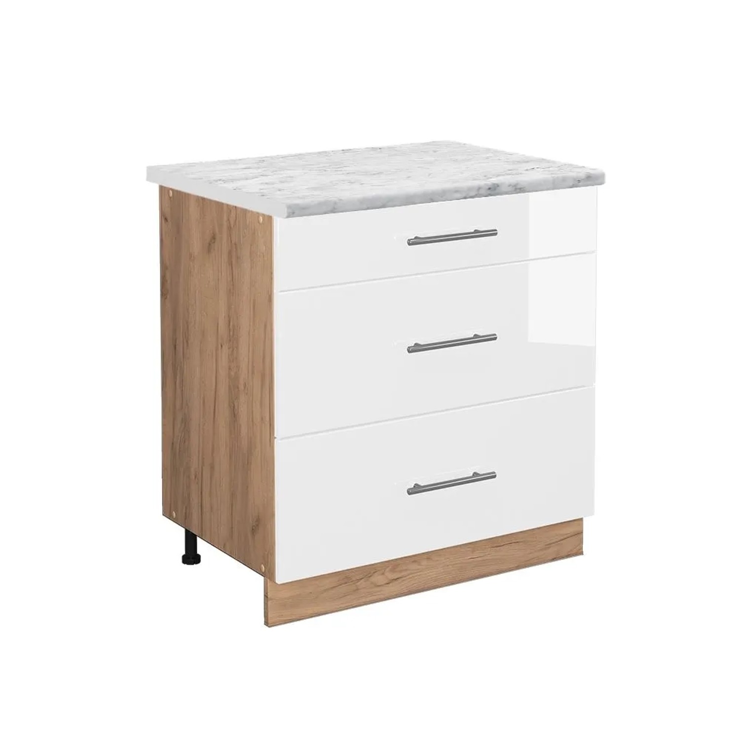Vicco Küchenunterschrank Fame-Line Weiß Hochglanz Goldkraft Eiche 80 cm mit 3 Schubladen AP Marmor