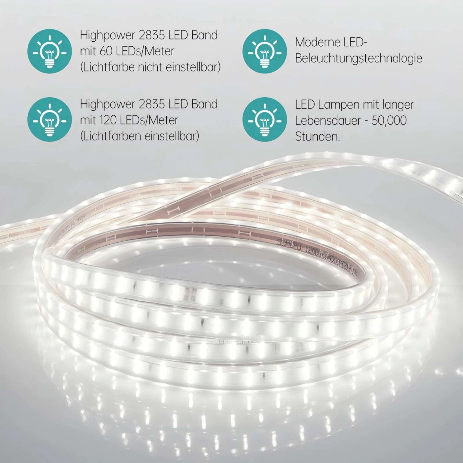 LED-Band mit kaltweißem Licht, ideal zur Spiegel- oder Möbelbeleuchtung.