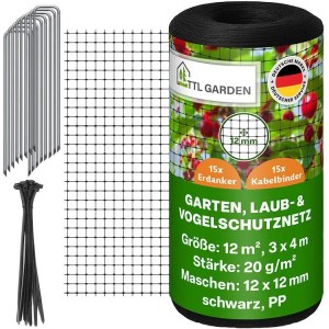 TTL GARDEN Vogelschutznetz 3x4m, schwarz, mit Erdankern und Kabelbindern.