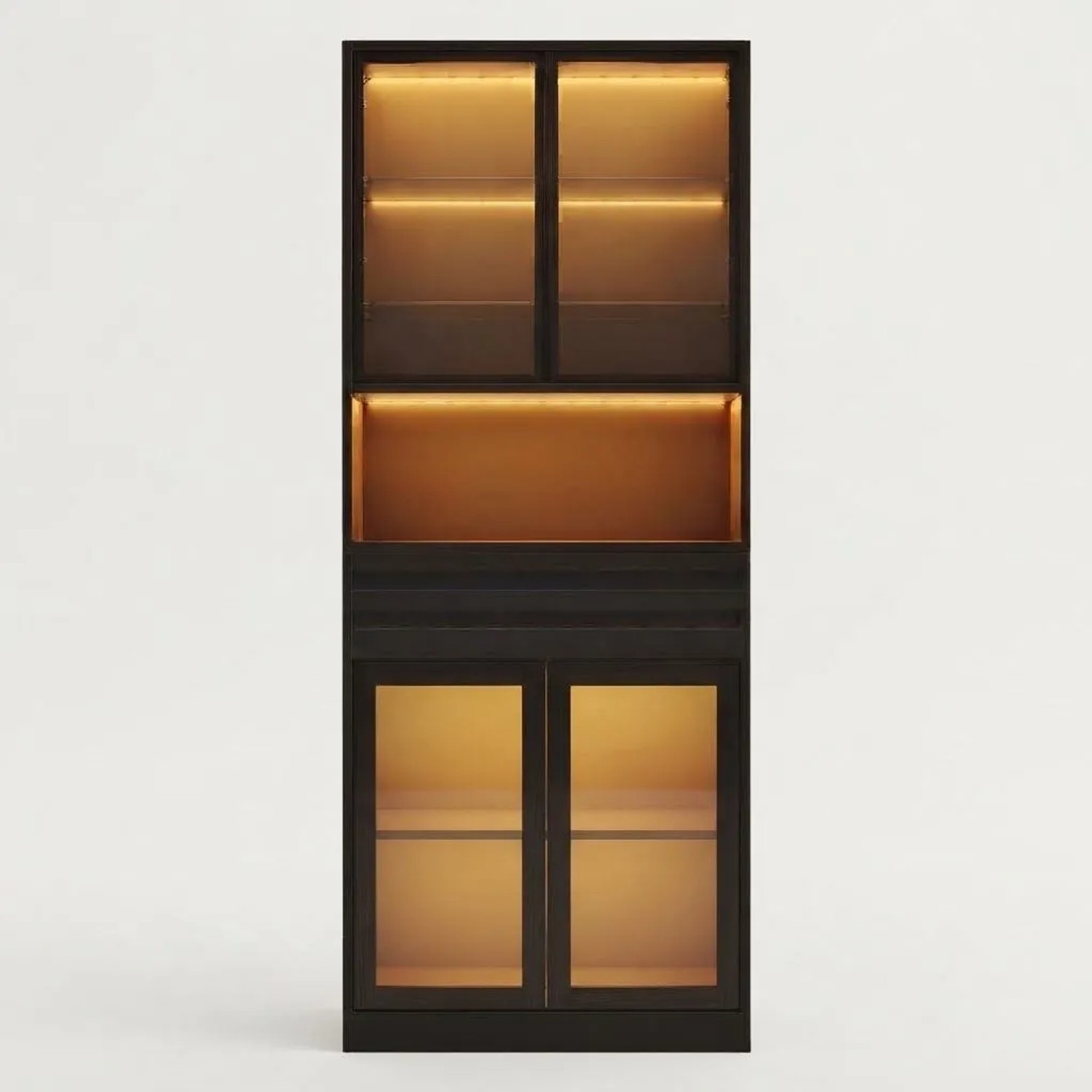 Merax Vitrine mit RGB LED 4 Glastüren Schublade Schwarz