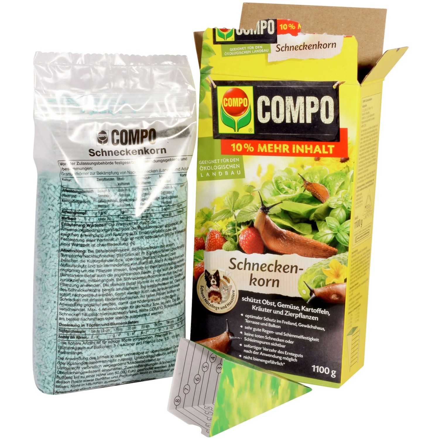 Compo Schneckenkorn, 1100g Packung und Beutel mit blauem Granulat. Schutz für Gemüse und Zierpflanzen.