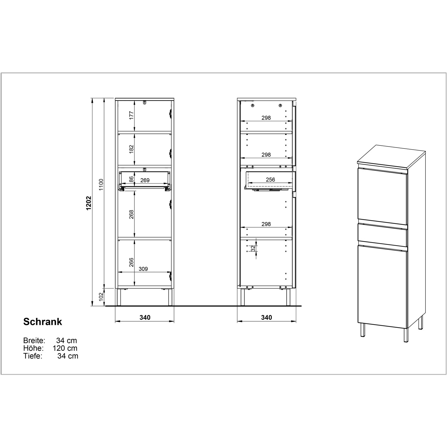 Skizze: Germania Bad-Hängeschrank GW-TORRANCE, weiß, 34 cm breit, mit Maßen.