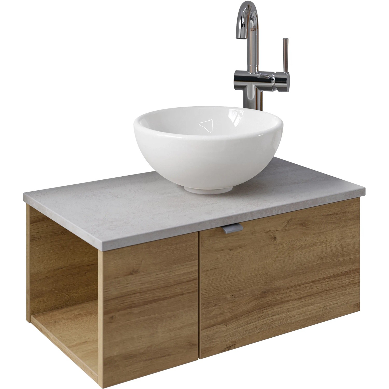 Pelipal Waschtisch-Set mit Aufsatzbecken, Riviera Eiche und hellgrauer Platte, 61 cm breit.