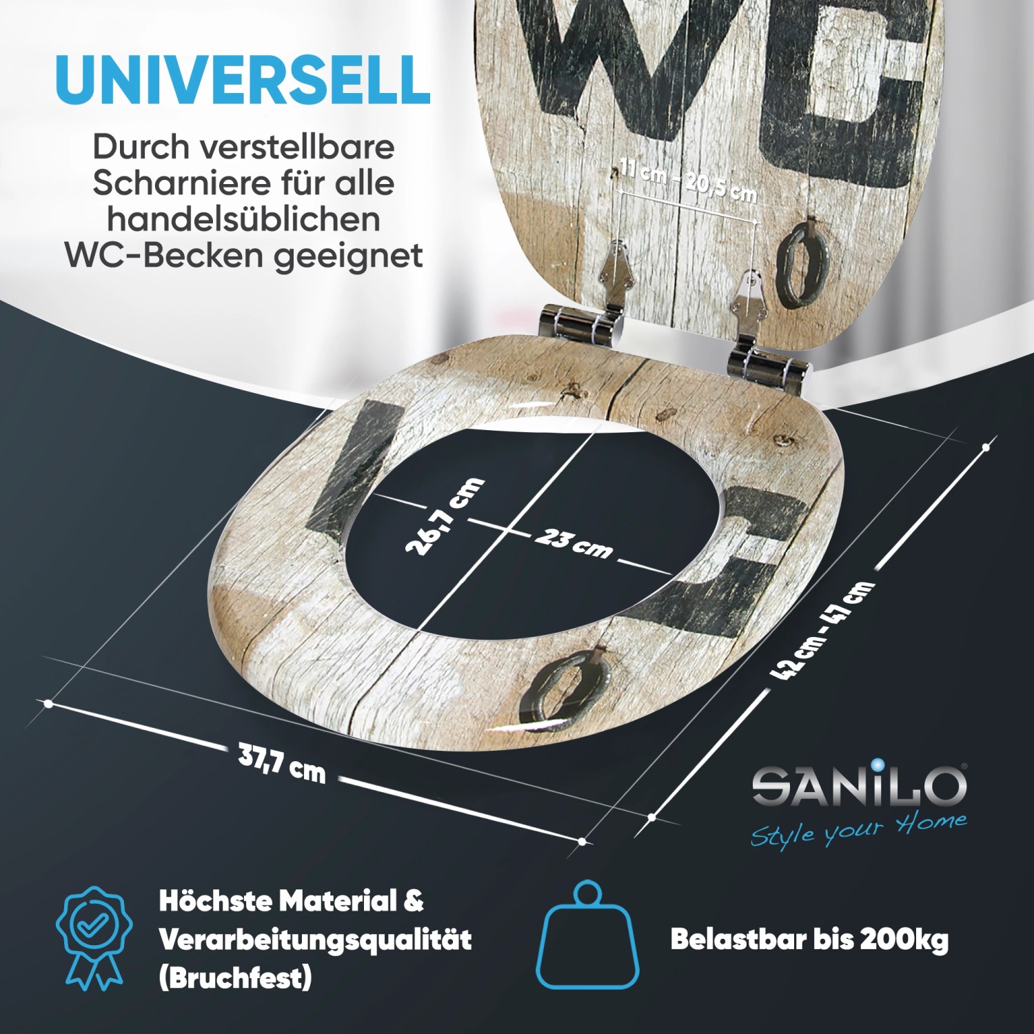 Sanilo WC-Sitz Old Style aus Holz mit Absenkautomatik, Ansicht von oben mit Maßangaben.