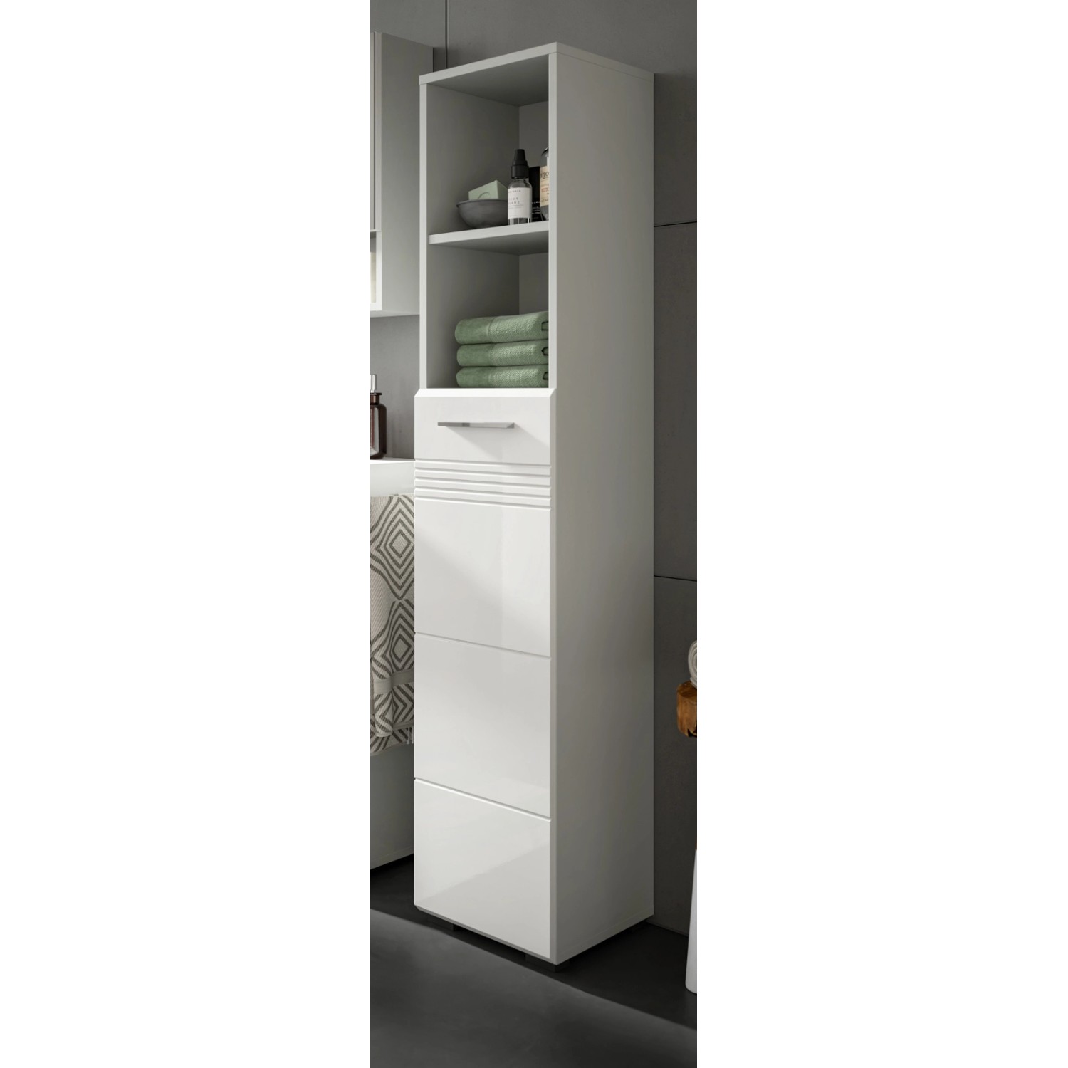 Inn.Furn Hochschrank Weiß Hochglanz Grau 30 cm mit Soft-Close Carlo günstig online kaufen