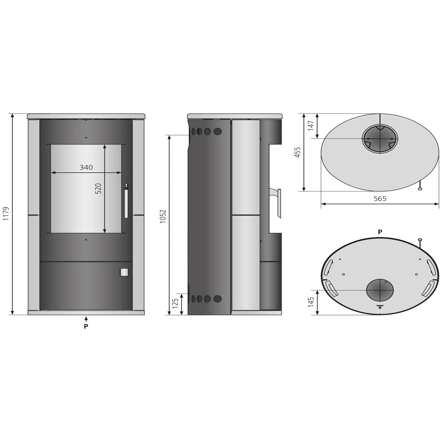 Technische Zeichnung Kaminofen Justus Austin 7, 7 kW, Speckstein, Maße und Anschlüsse