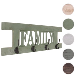Grüne Wandgarderobe im Shabby-Look mit 4 Doppelhaken und "Family" Schriftzug.