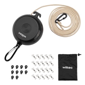Wiltec ausziehbare Wäscheleine schwarz mit beigem Seil, 20 Klammern, 10 Befestigern und Transportbeutel für Camping.