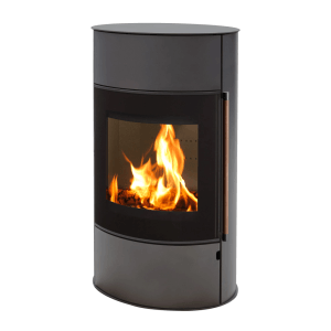 Gussgrauer H&M Germany Kaminofen Mango 2.0 Plus mit Ganzglastür und brennendem Feuer.