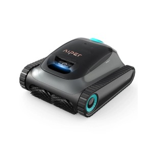 Aiper Scuba S1 kabelloser Poolroboter, dunkelgrau mit Raupenketten und blauer Leuchte, für effiziente Poolreinigung.