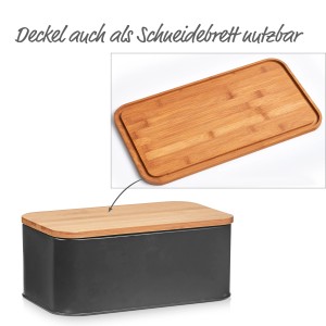 Schwarzer Zeller Brotkasten mit Bambusdeckel, der auch als Schneidebrett dient.
