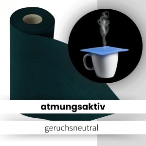 Grüner Sensalux Vlies-Tischläufer (50cm x 25m) auf Rolle, mit Tasse und blauem Untersetzer.