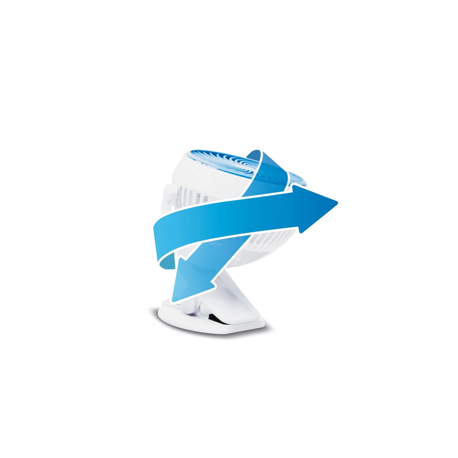 Livington GoFan: Weißer Mini-Ventilator mit Clipfuß und blauem Pfeil, der die Drehbewegung andeutet.