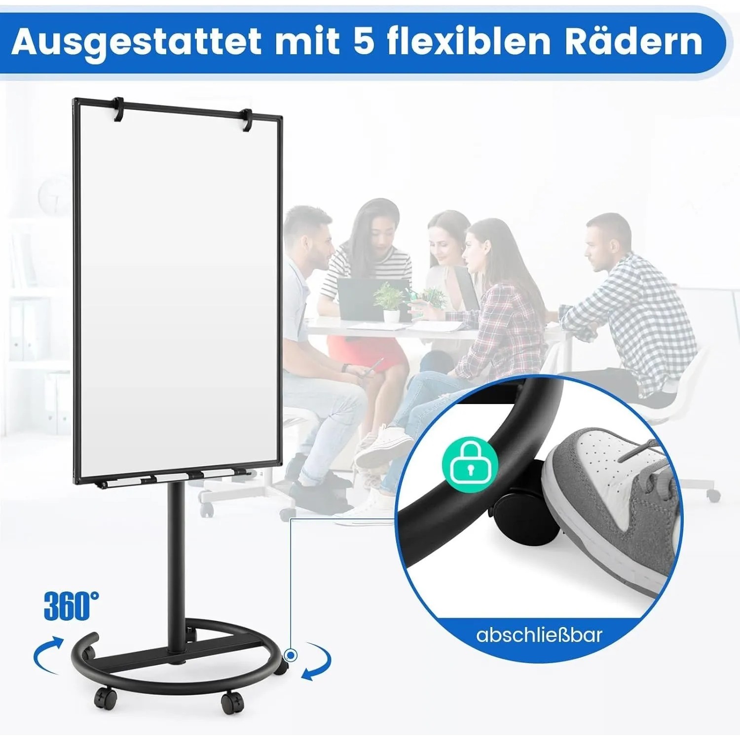 Mobiles Costway Flipchart Whiteboard 100x65 cm mit Ständer, Rollen und Feststellbremse für Bürobedarf.