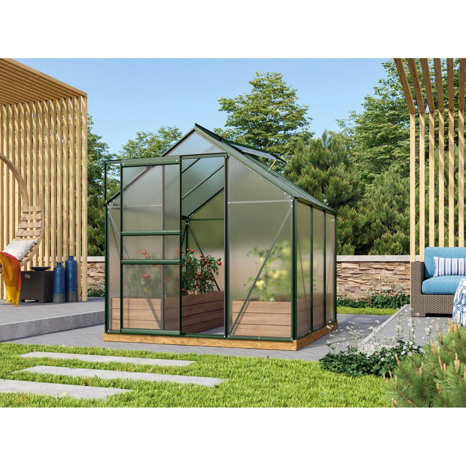 Grünes Gewächshaus Venus 3800 mit geöffnetem Dachfenster und Schiebetür im Garten.